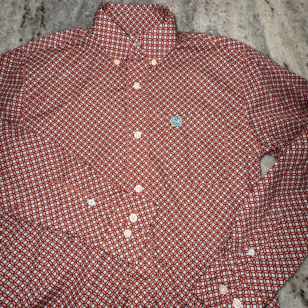 Cinch Youth Boys Medium 10/12 Button Down Shirt Long Sleeve Western Cowboy Red